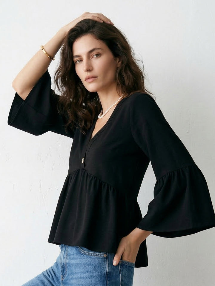 Black Bell Sleeve V Neck Top