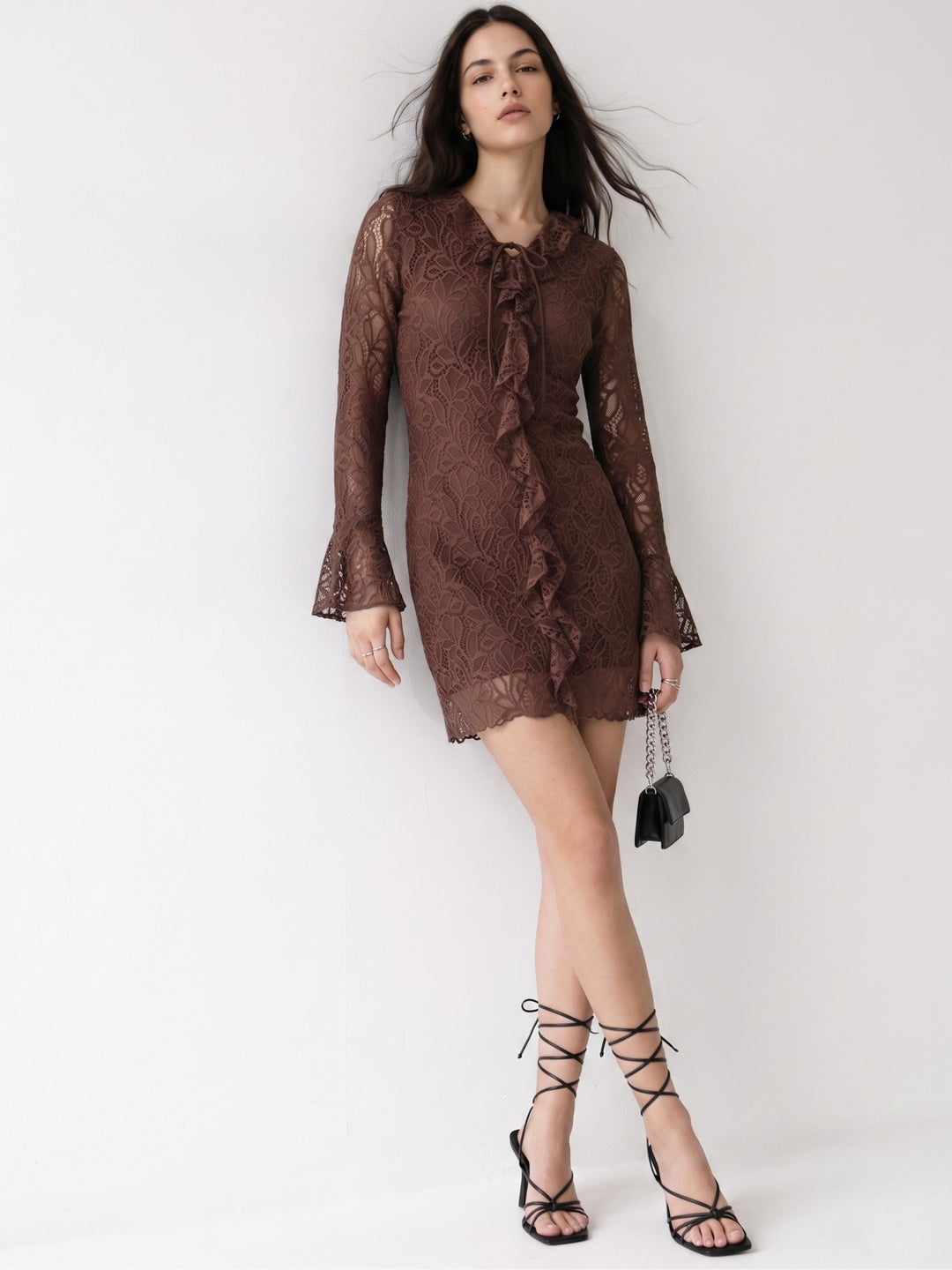 Brown Lace Dress With Ruffled Details & Flared Sleeves