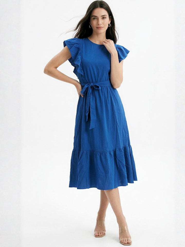 Blue Ruffle  Sleeve Tiered Dress