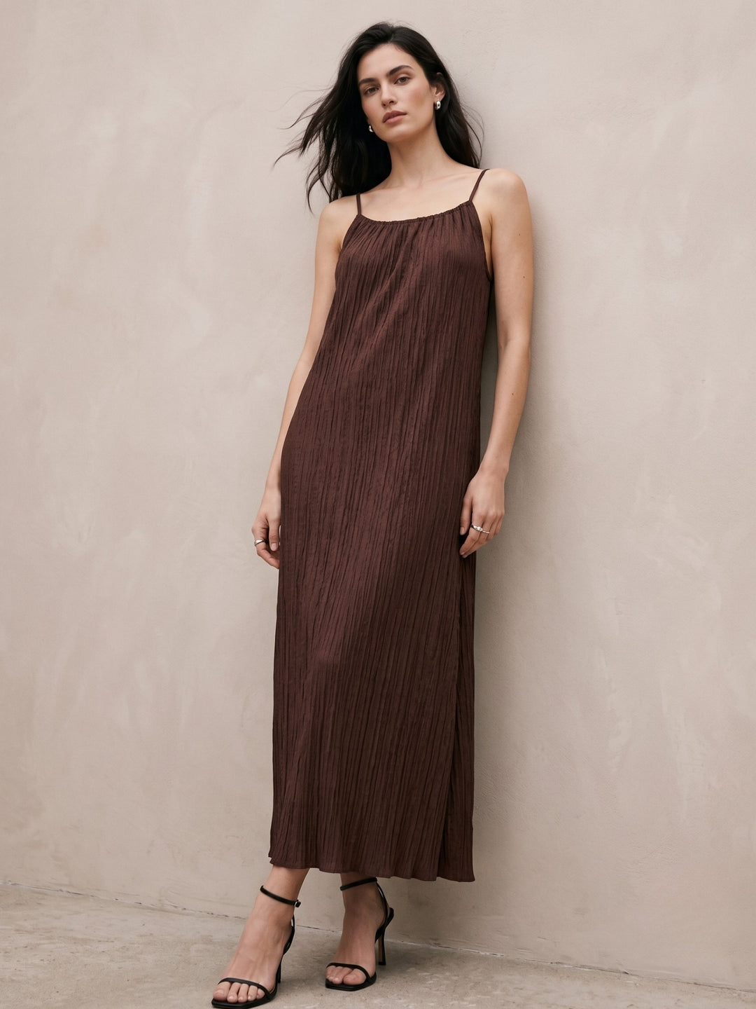 Brown Spaghetti Strap Bead Detail Dress