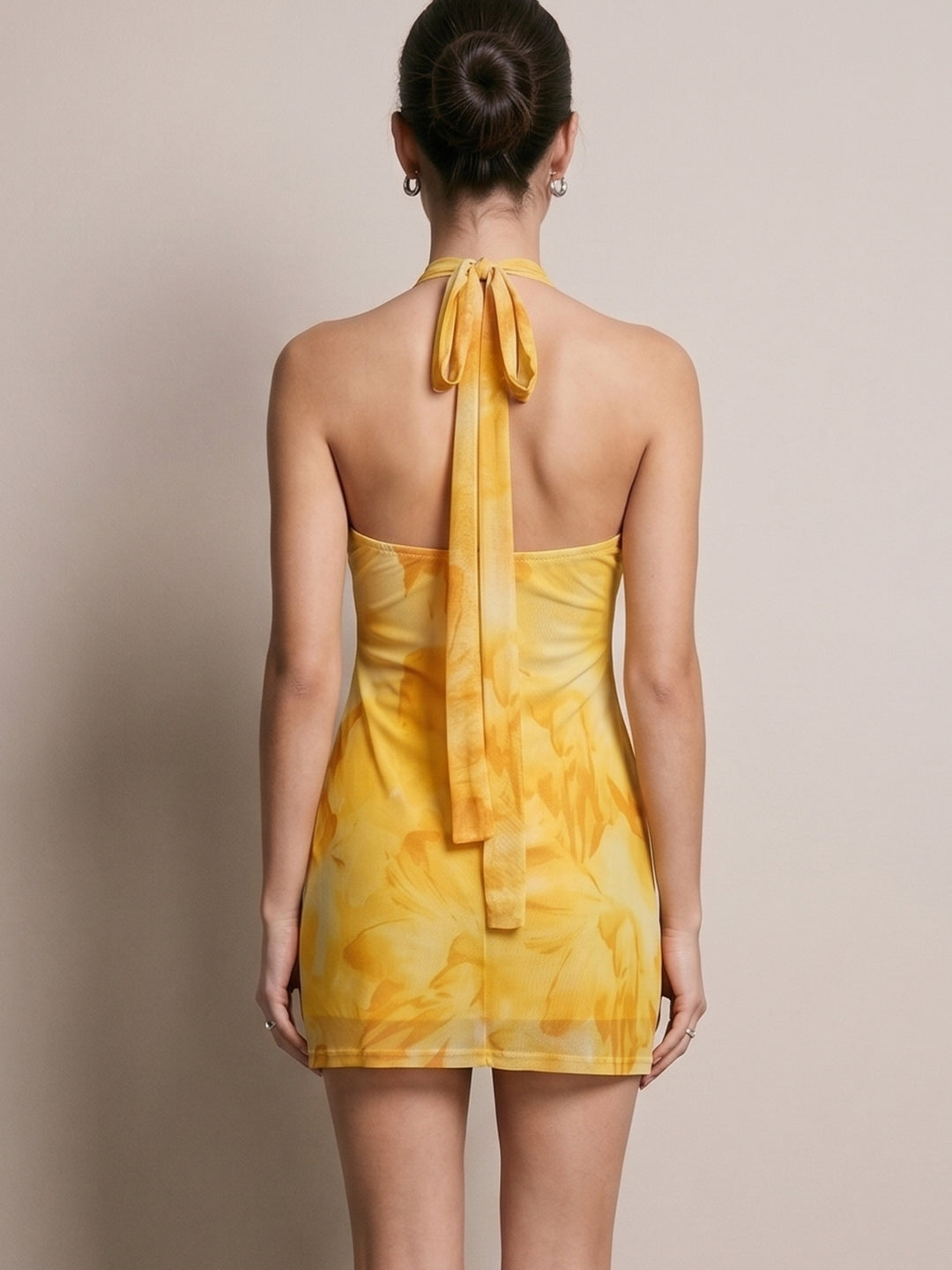 Yellow Printed Halter Dress With Metal Trim Detail
