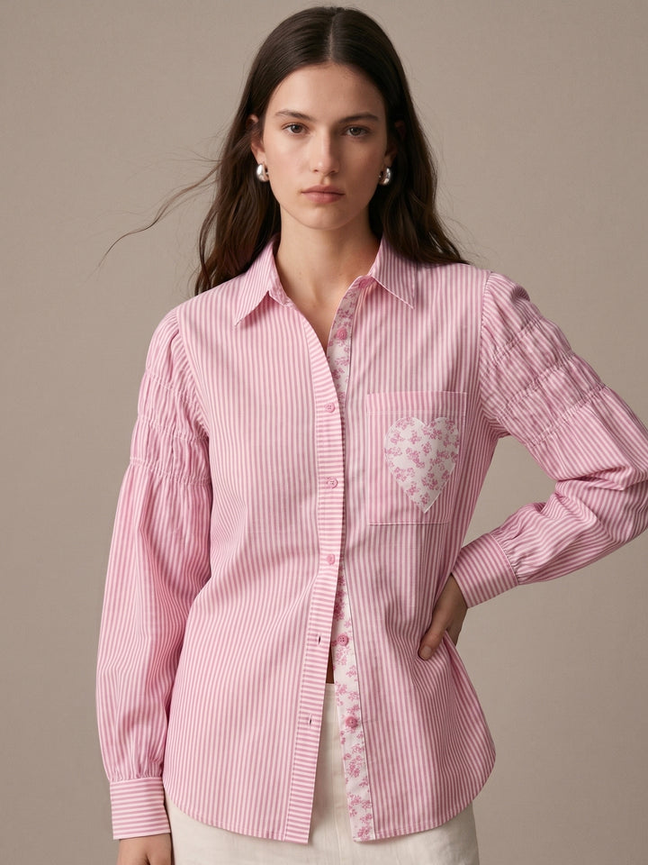 Pink Stripe Heart Appliqued Causal Shirt