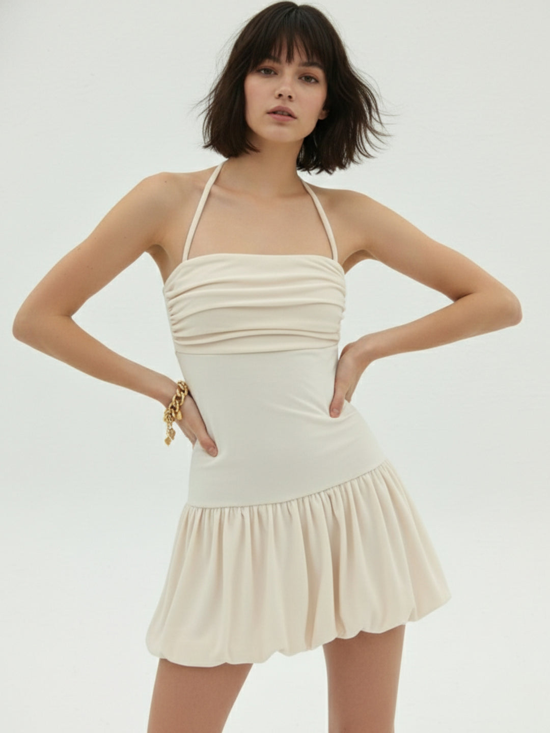 Cream Shoulder Strap Fitted Bubblehem Dress