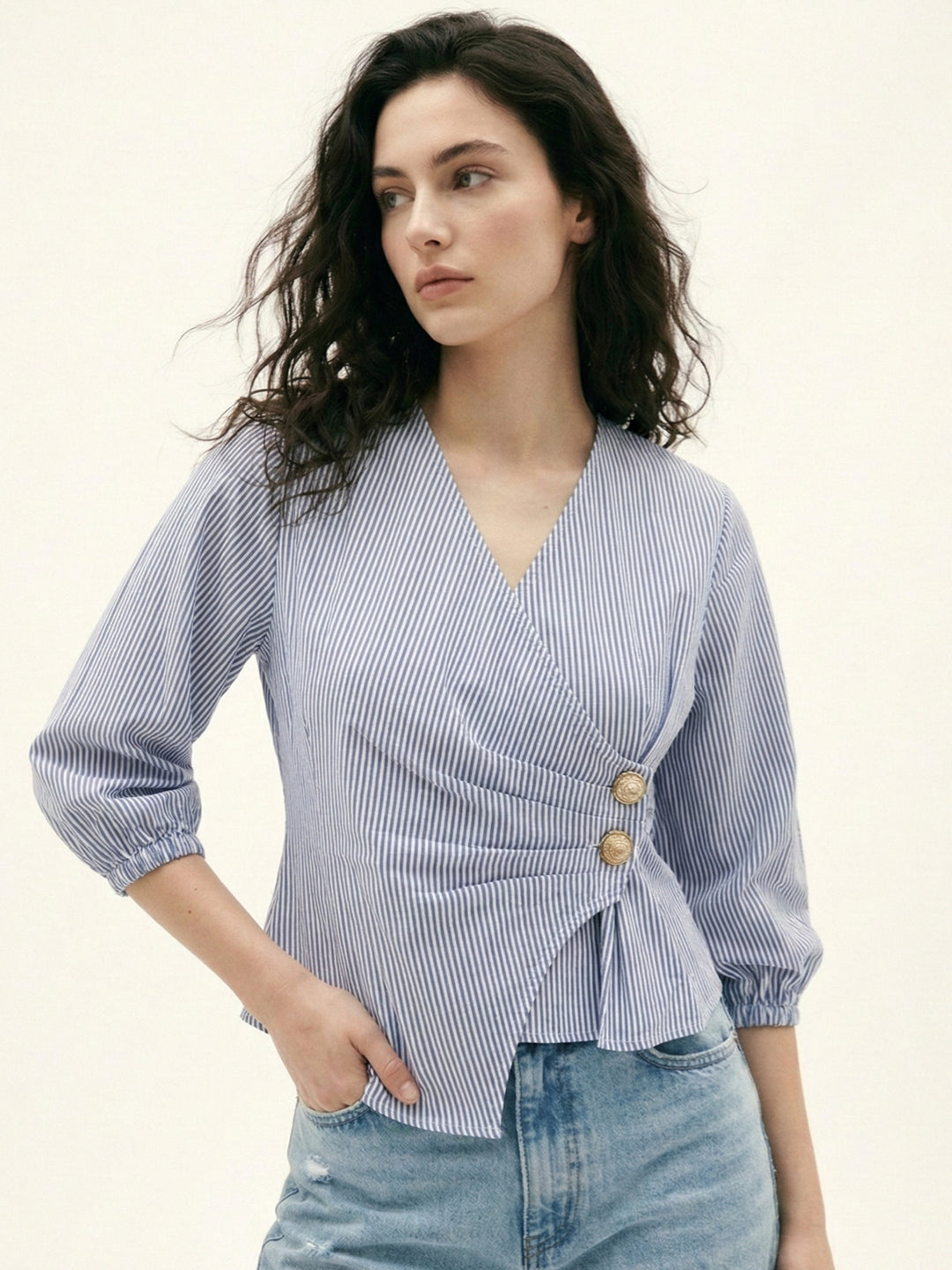 Blue Striped Wrap Blouse