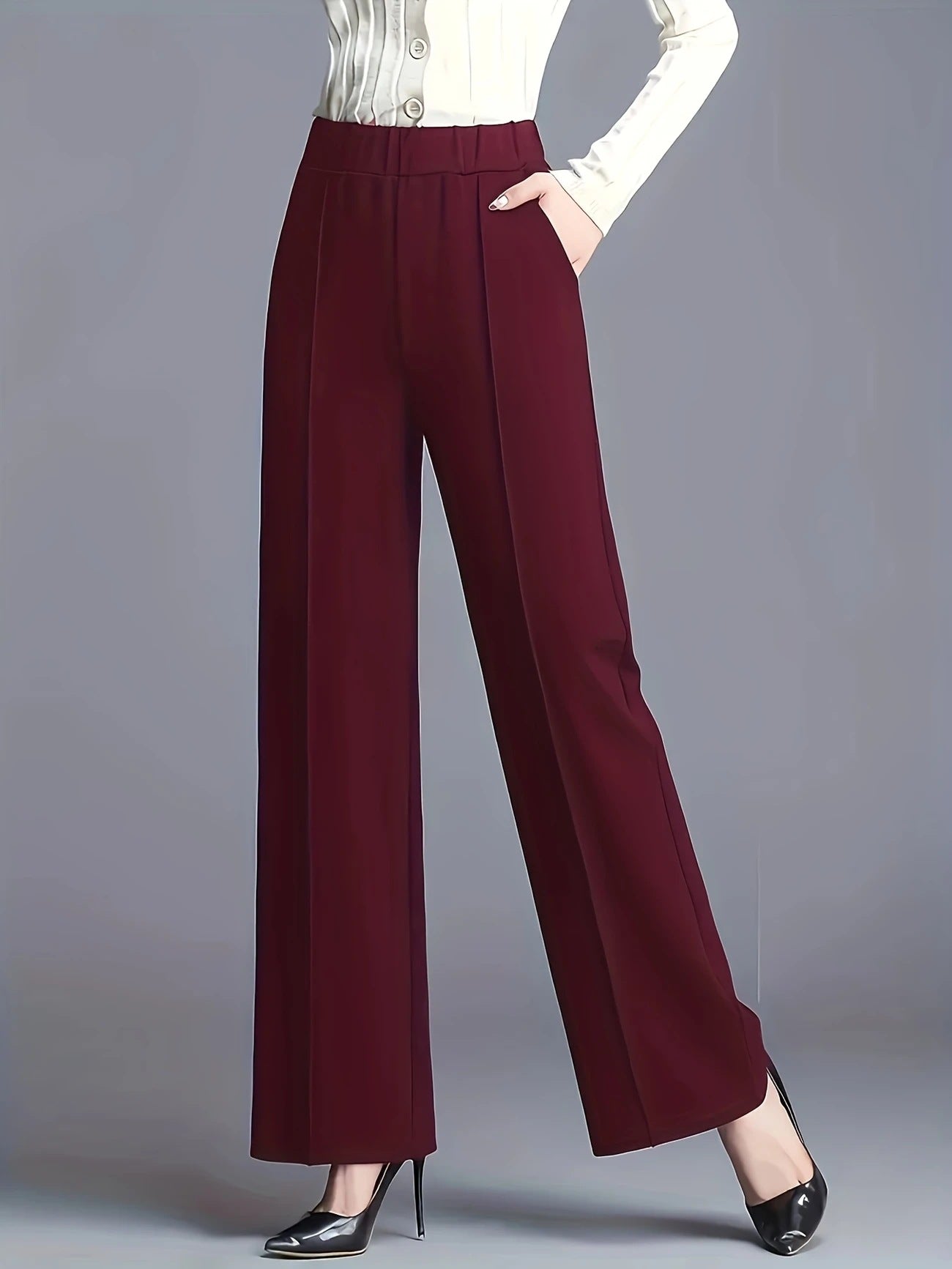 Burgundy Solid Wide Leg Pant