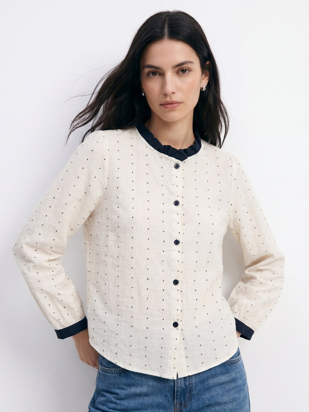 White Polka Printed Button Down Top With Contrast Binding