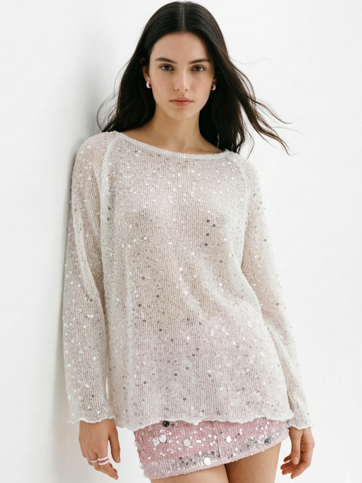 White Sequined Sheer Relaxed Top