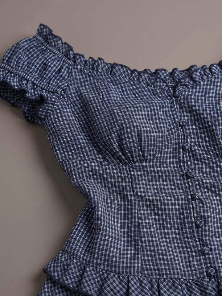 Blue Off Shoulder Fitted Blouse With Frill Details