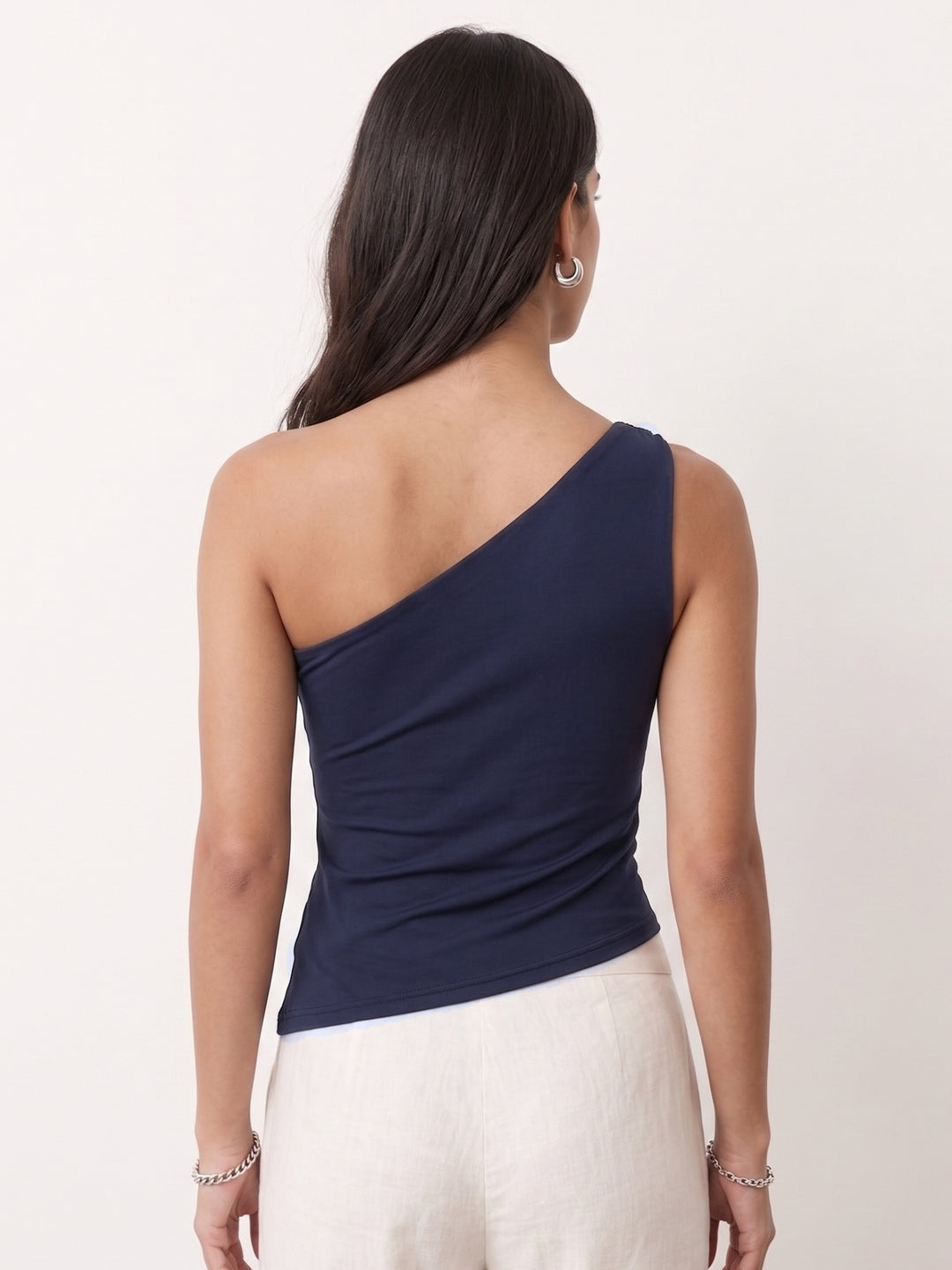 Navy Blue Asymmetrical Buckle Trim Polyamide Top