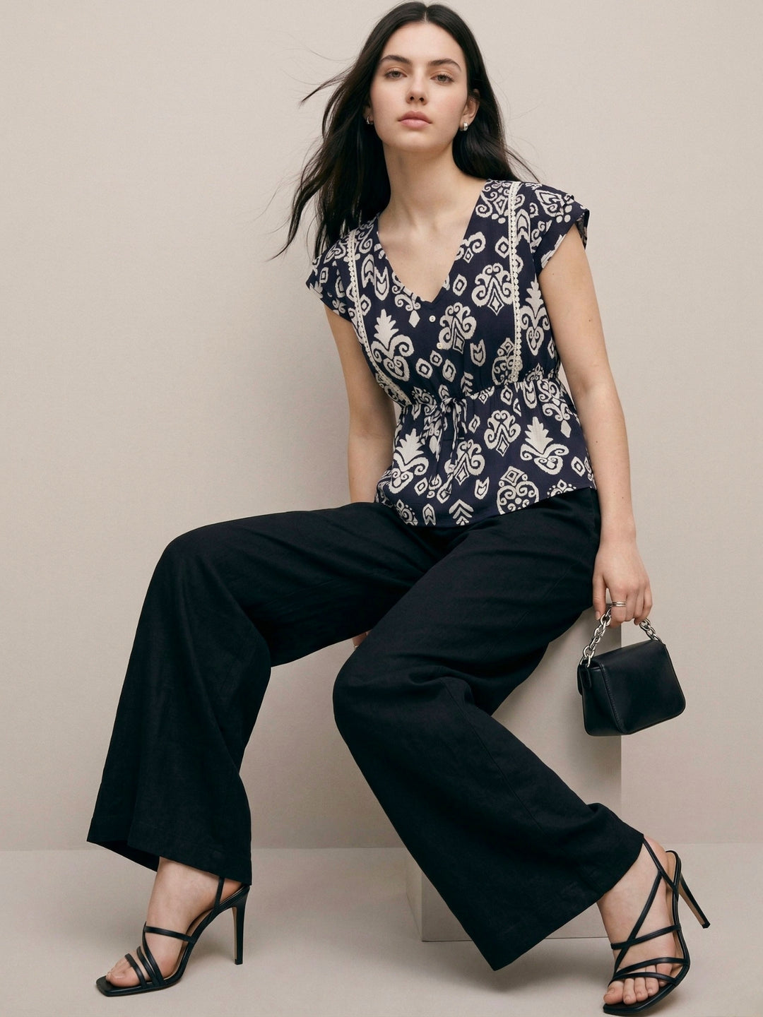 Navy Blue Floral Print Top