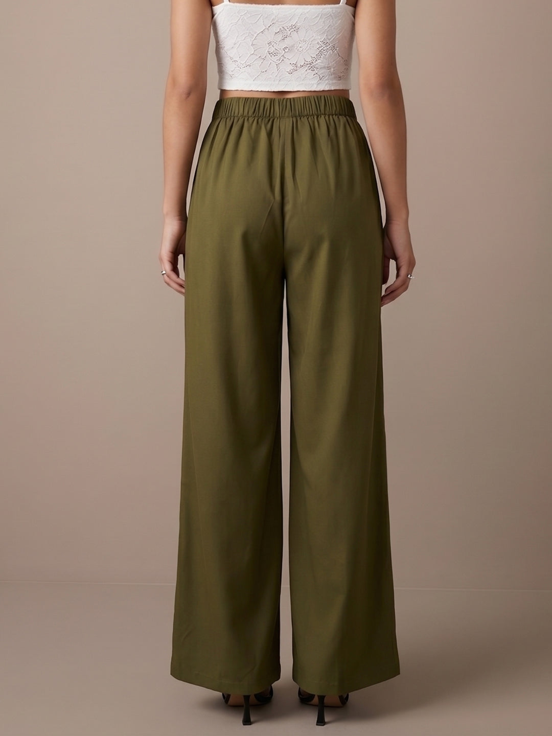 Olive High-Waist Belted Wide Leg Trousers