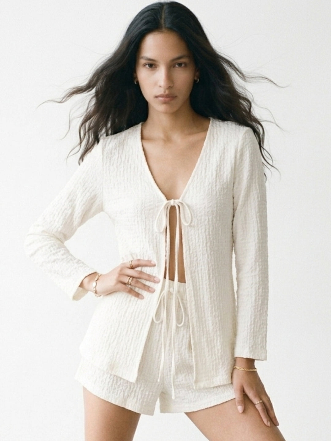Cream Textured Cover Up Style Top And Shorts Co-Ord Set