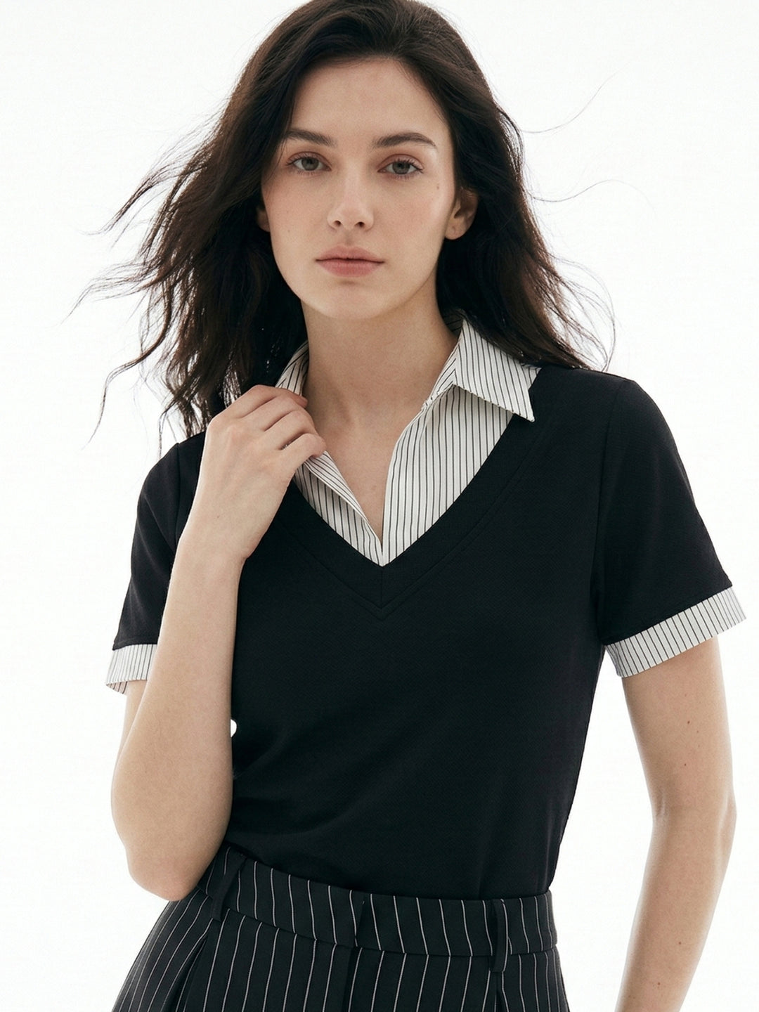 White Short Sleeve Contrast Collar Fitted Top
