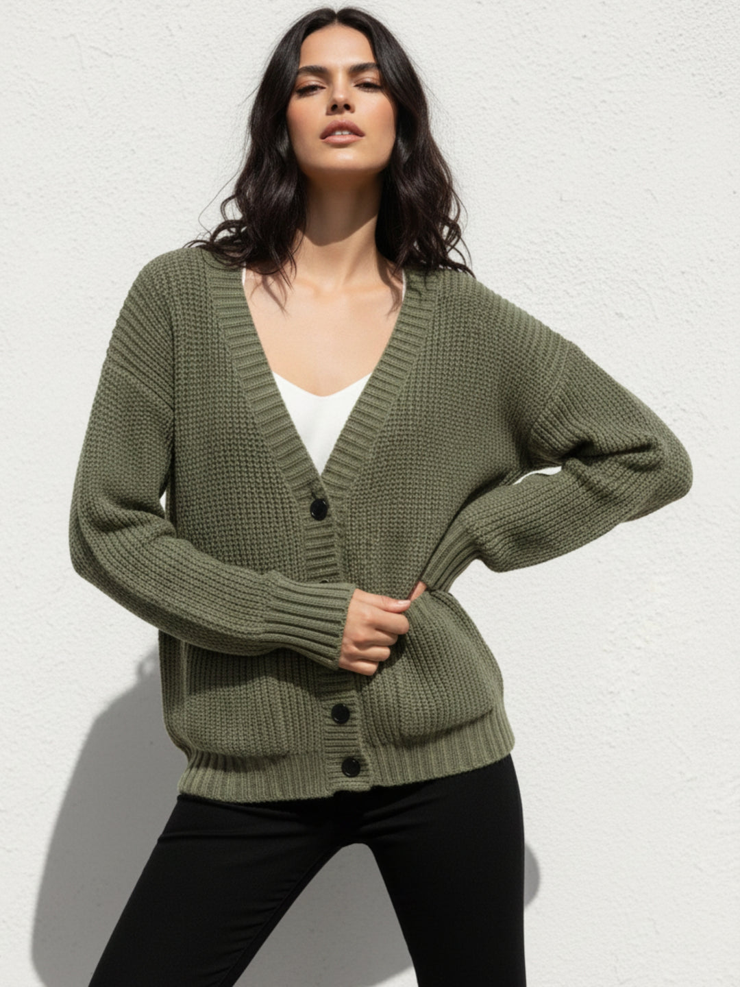 Olive Full Sleeve Double Pockets Slouchy Cardigans