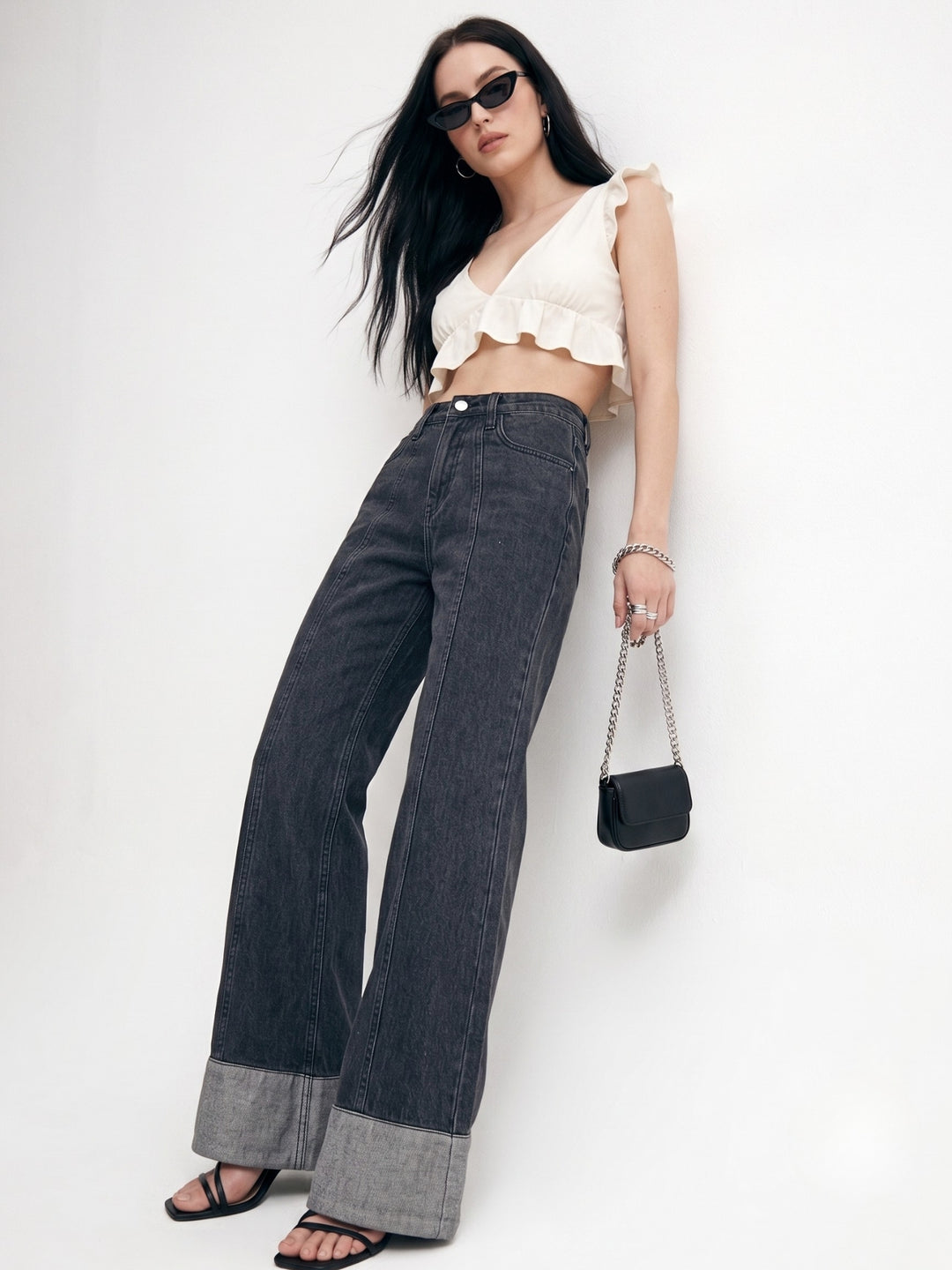 Grey Folded Hem Wide Leg Jeans