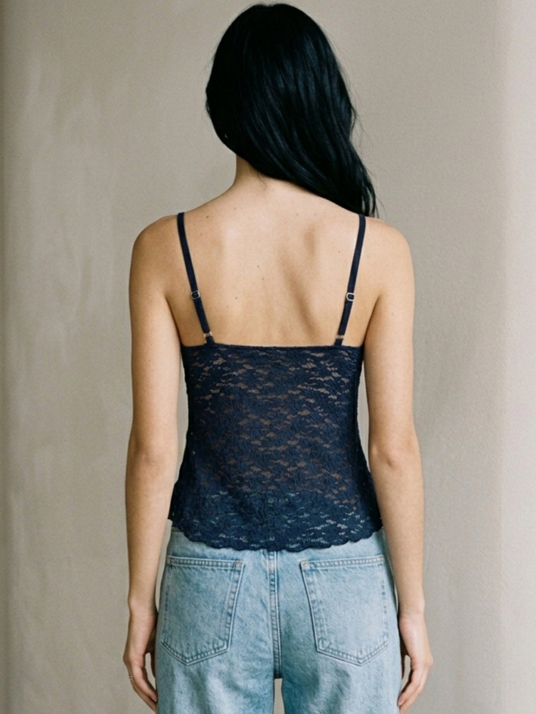 Navy Blue Plunge Neck Lace Camisoles With Asymmetric Hem