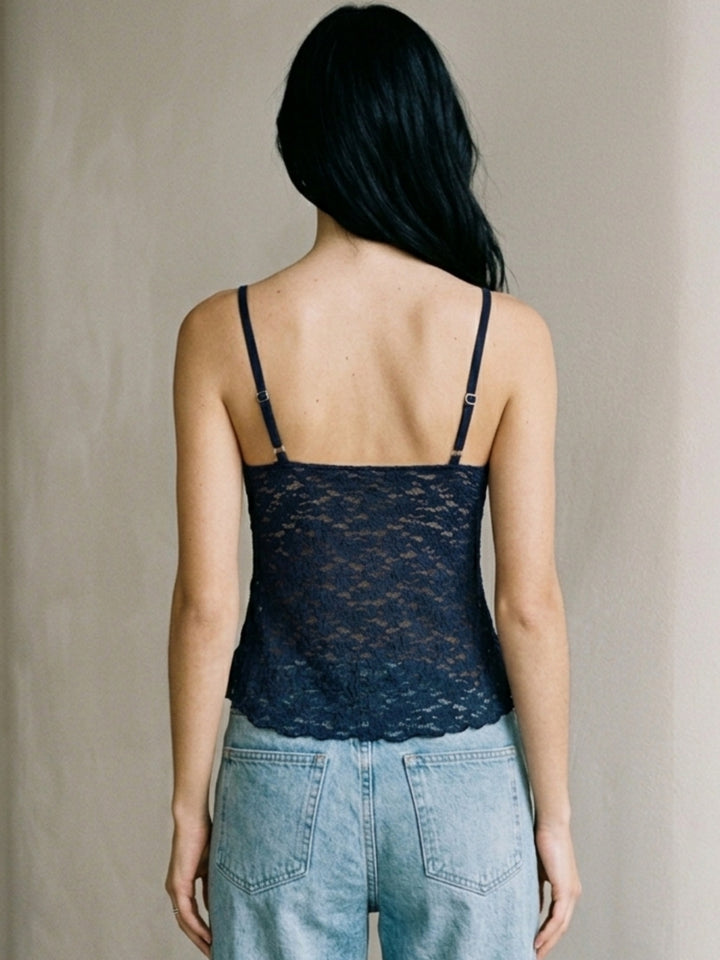 Navy Blue Plunge Neck Lace Camisoles With Asymmetric Hem
