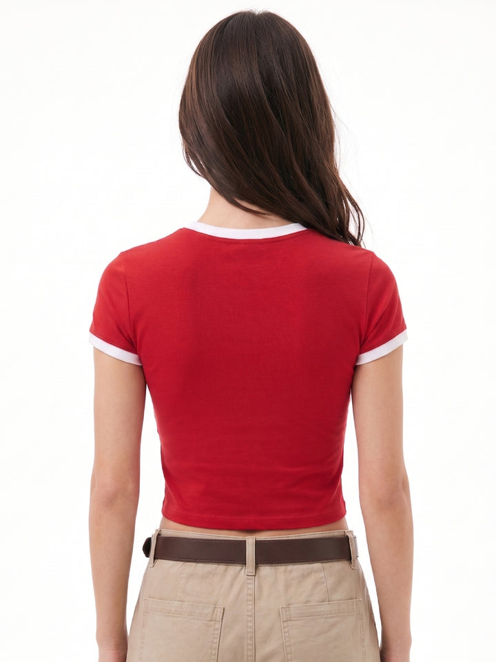 Red Contrast Tipping Ringer Graphic T-Shirt