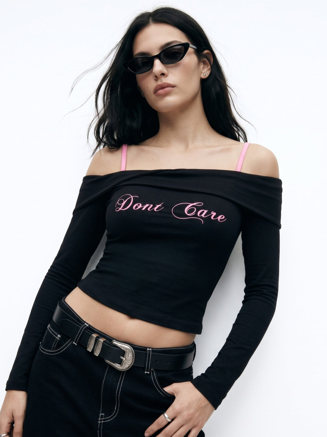 Black Wrap Neck Off-Shoulder Graphic Printed T-Shirt With Contrast Straps