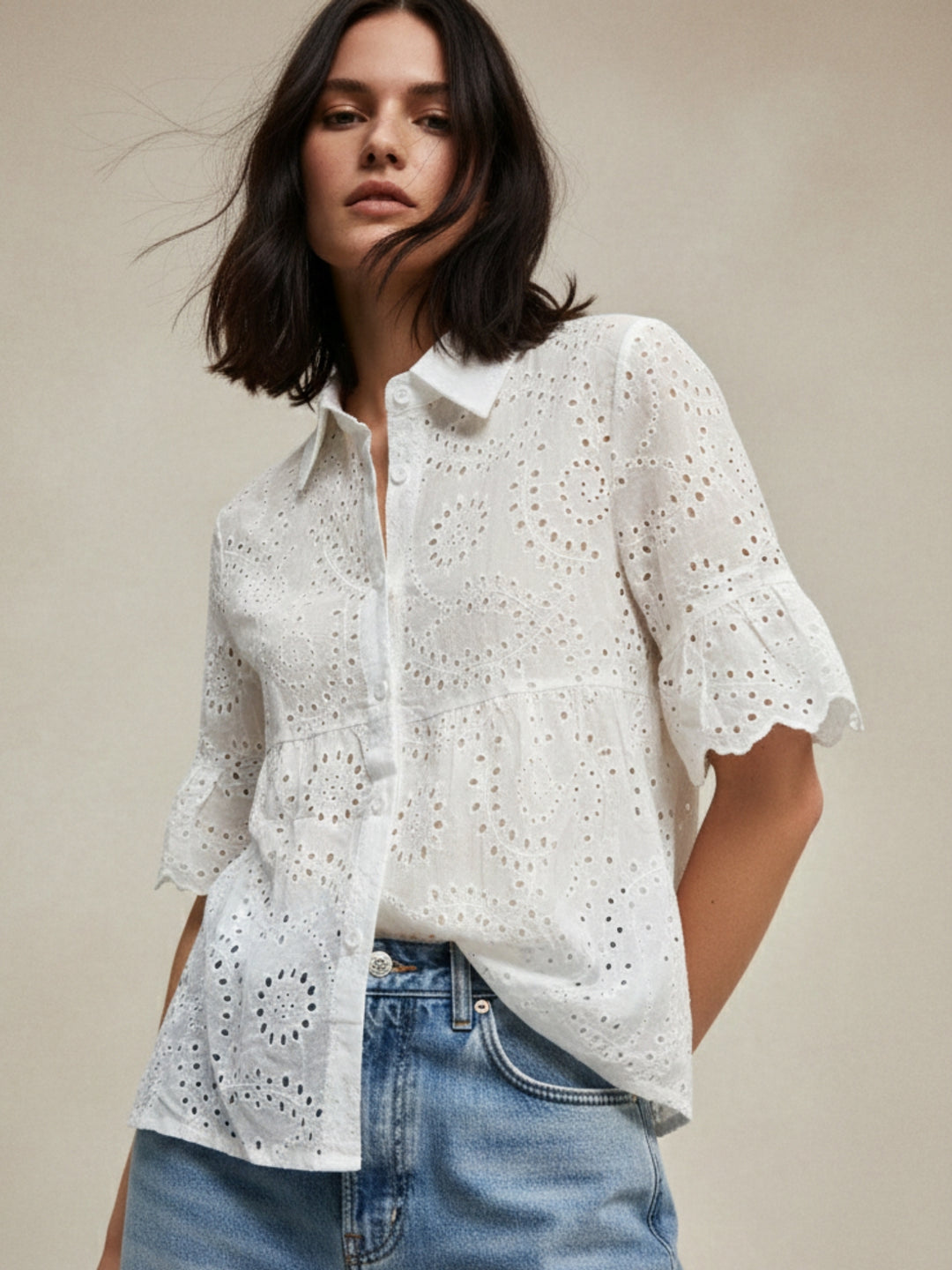 White Schiffli Shirt With Bell Sleeved