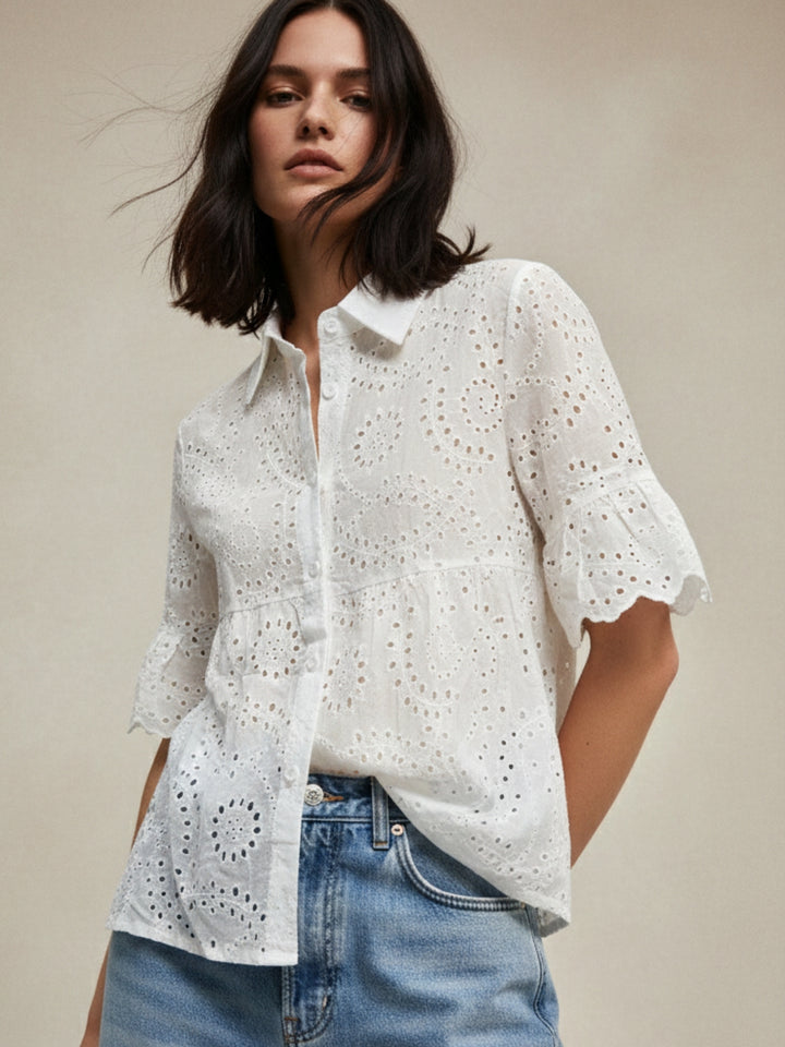 White Schiffli Shirt With Bell Sleeved