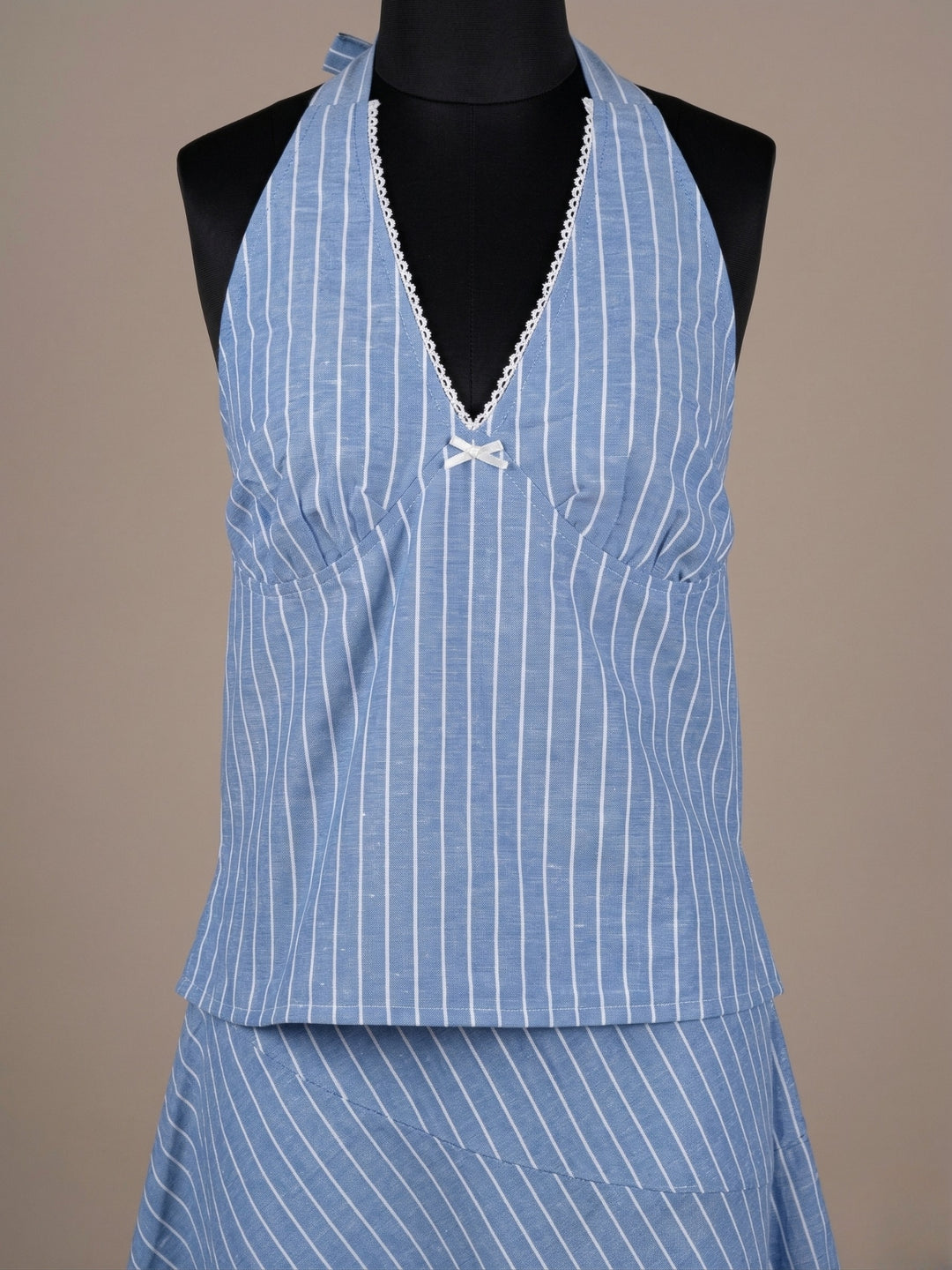 Blue Halter Neck Blouse With Hankerchief Hem Skirt Coord Set