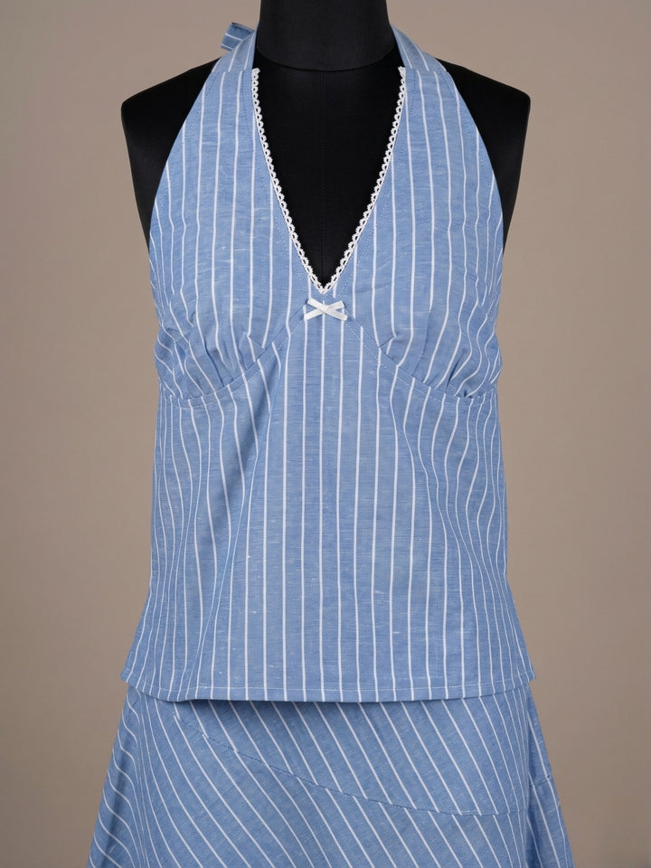 Blue Halter Neck Blouse With Hankerchief Hem Skirt Coord Set
