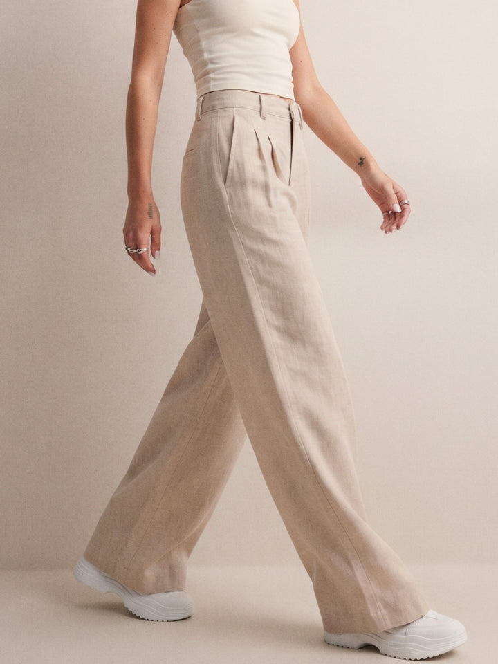 Beige Front Pleated Wide Leg Trouser
