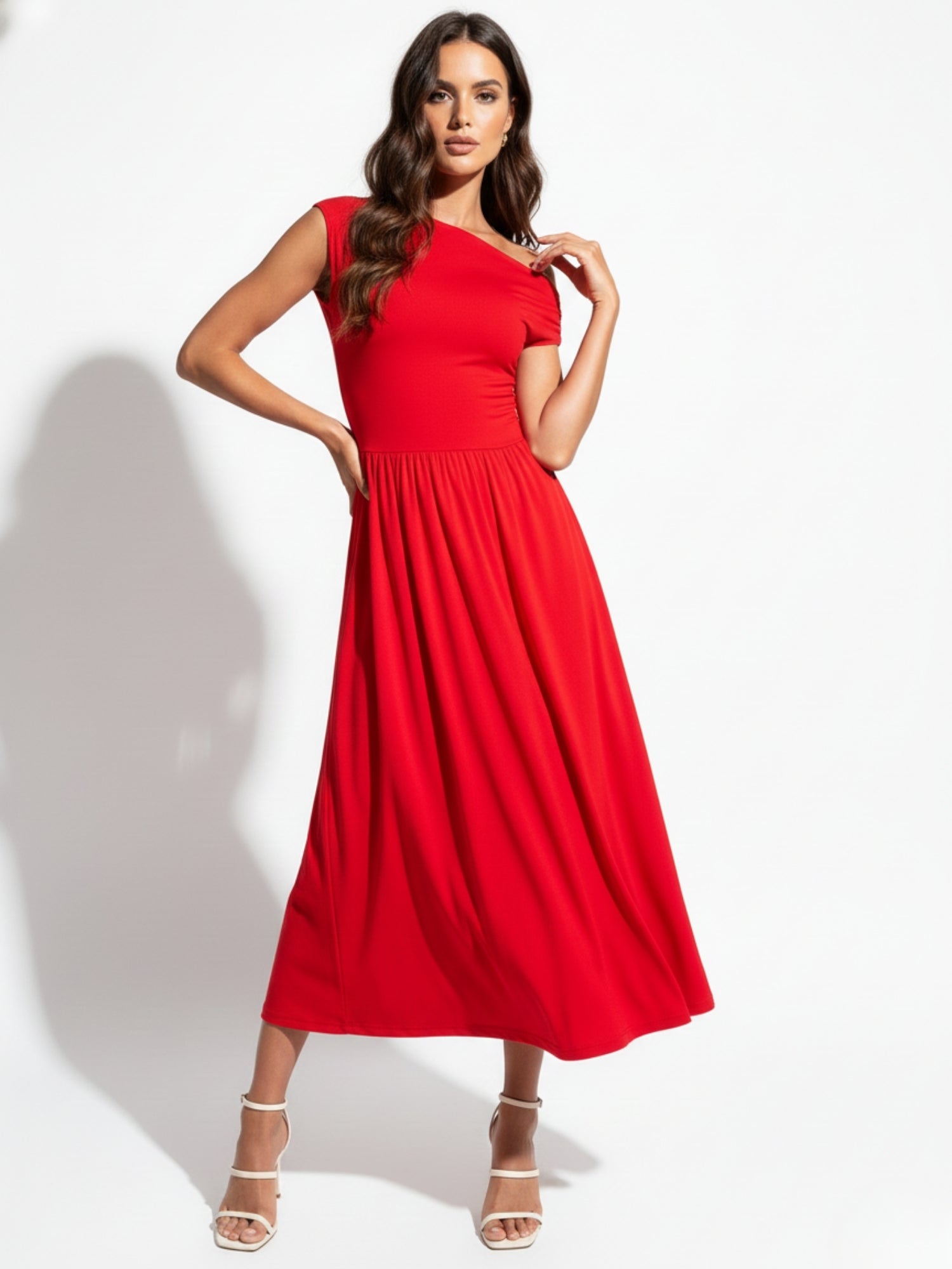 Red Asymmetrical Neckline Flared Dress