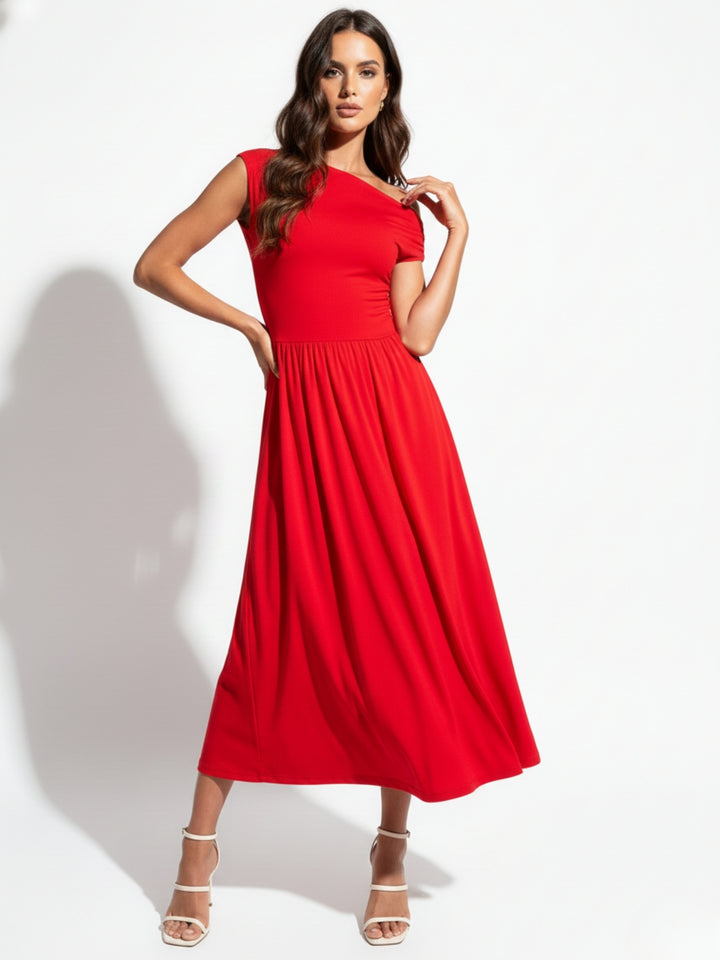 Red Asymmetrical Neckline Flared Dress