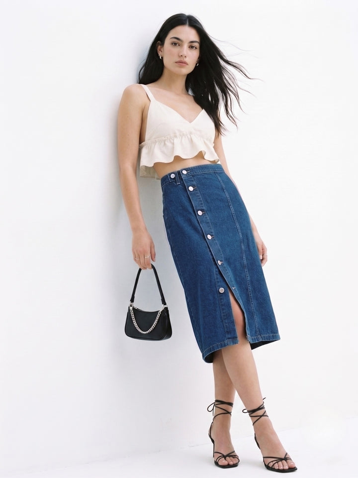 Blue Button Up Thigh High Slit Denim Skirt