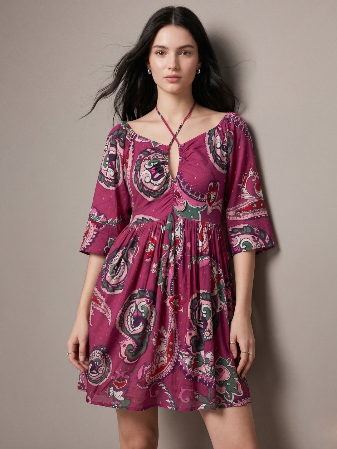 Purple Printed Lurex Mini Dress with Neck Tie