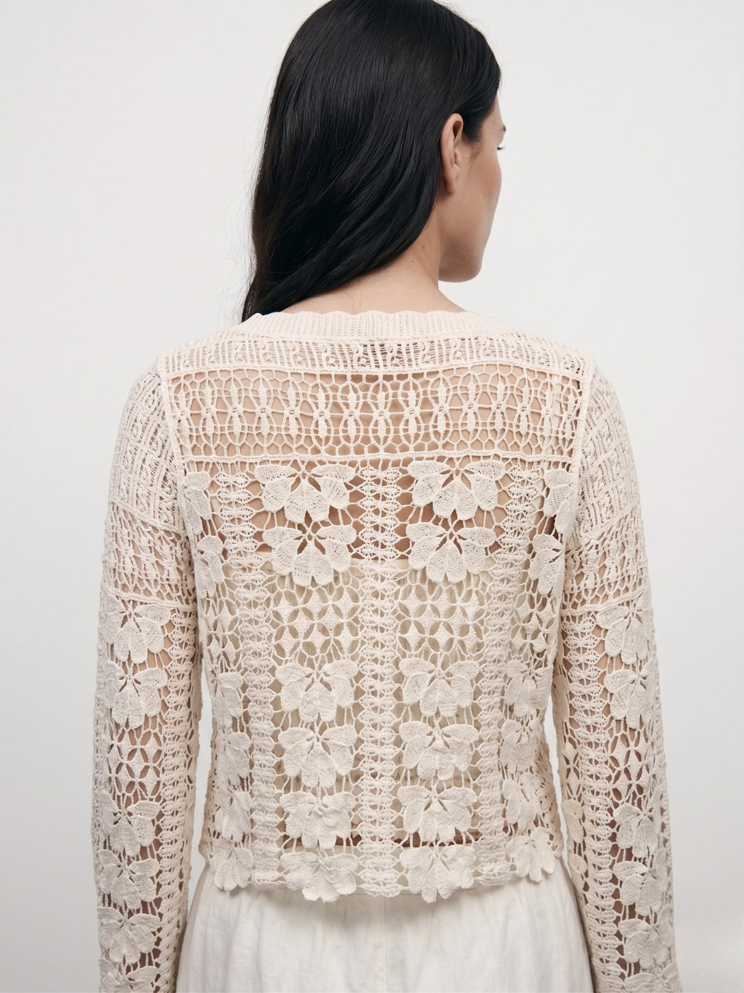 Cream Full Sleeve Crochet Front Buttoned Top