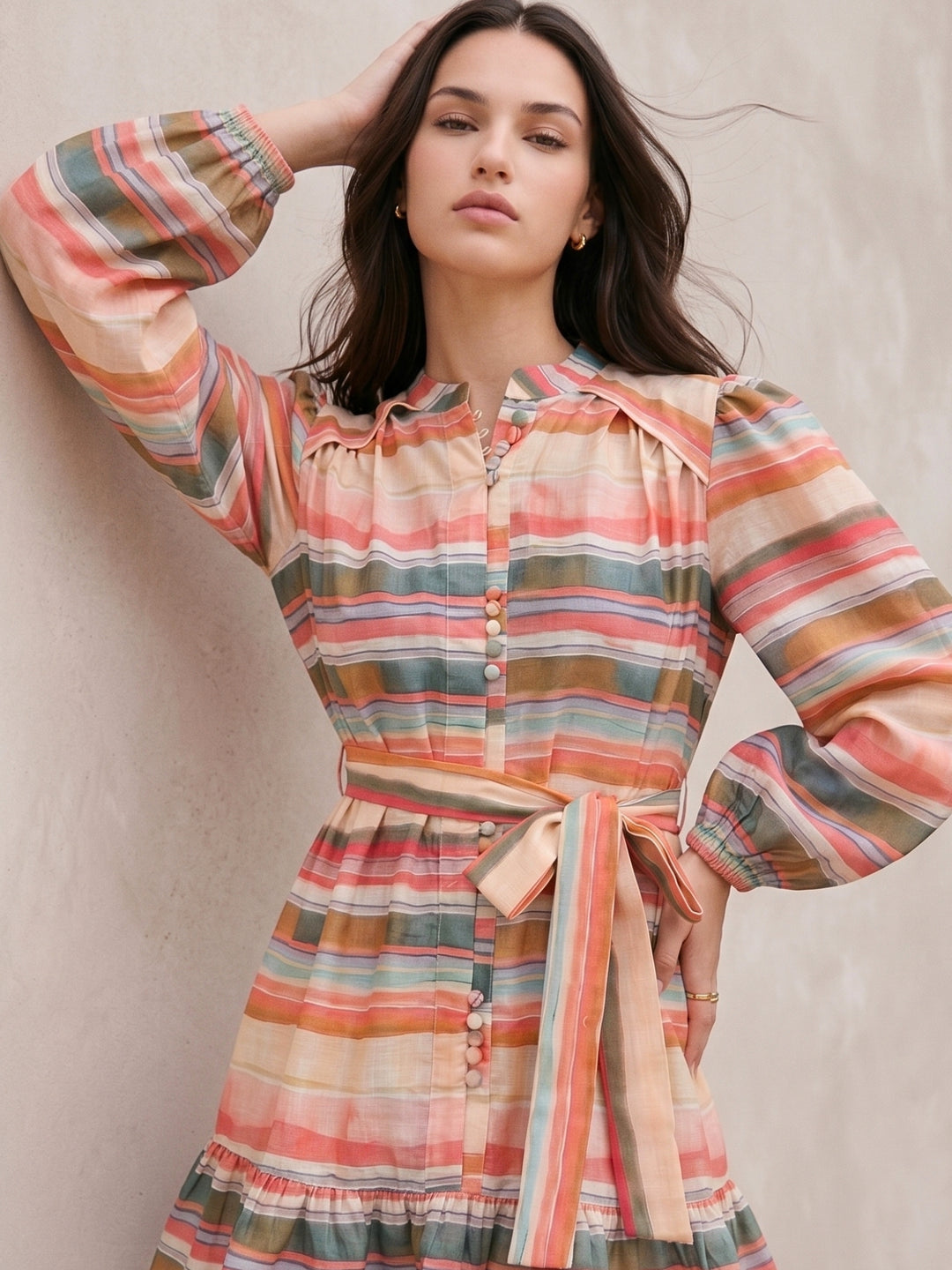 Pink Knee Length Printed Dress With Embellished Buttons Details