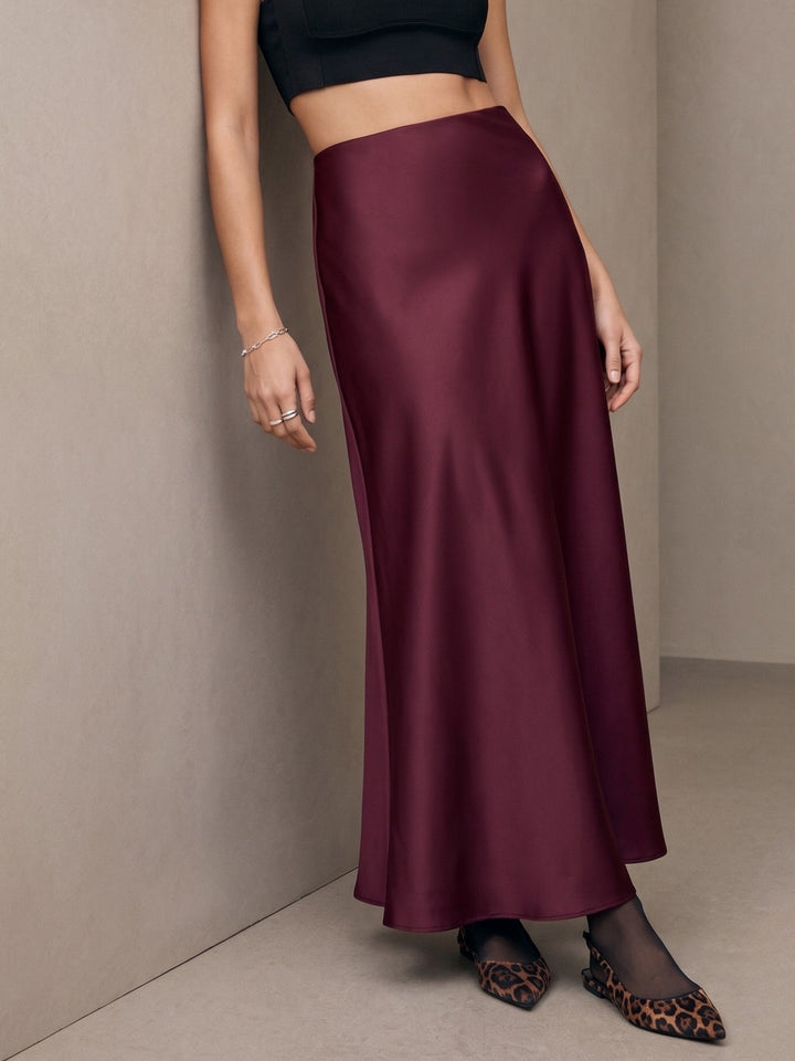 Wine High Waist Satin Skirt