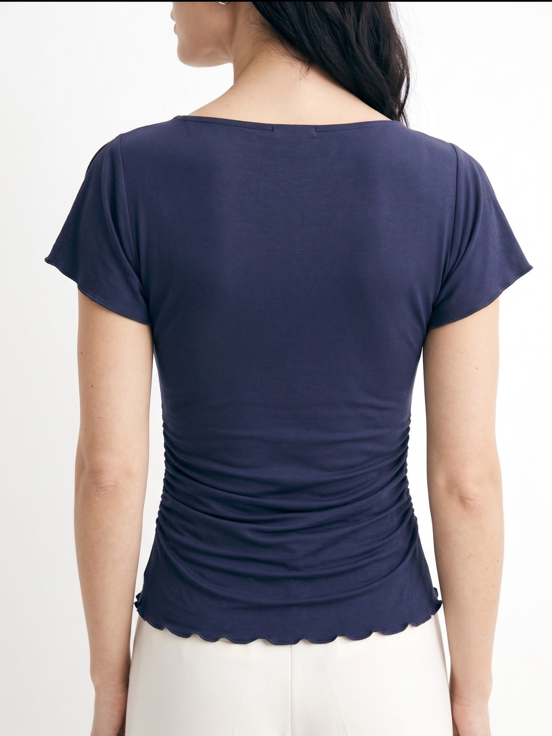 Navy Blue Lettuce Hem Detail Top