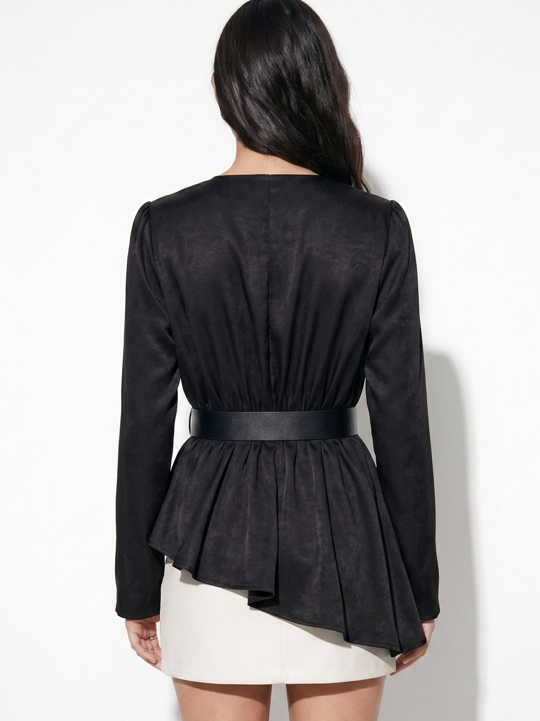 Black Plunge Neck Blouse With Belt Detail