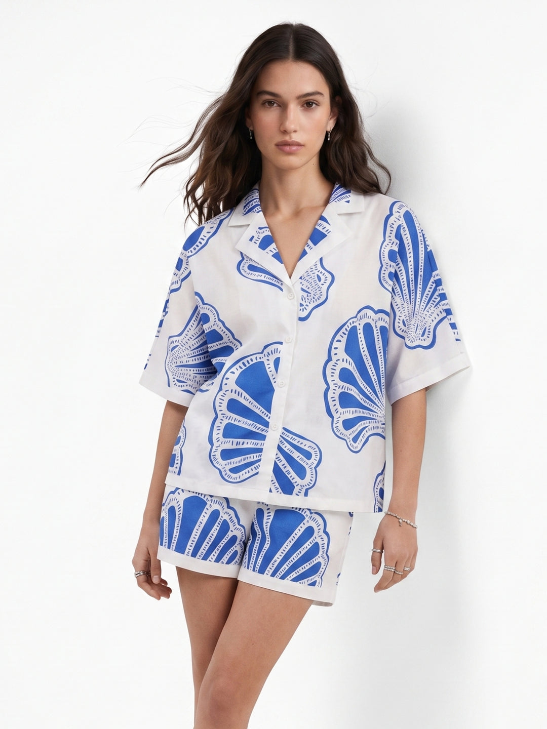 Blue Short Sleeve Printed Shirt And Short Set