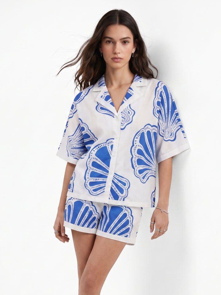 Blue Short Sleeve Printed Shirt And Short Set