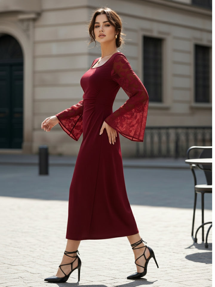 Maroon Bell Sleeve Scoop Neck Lace Detail Dress