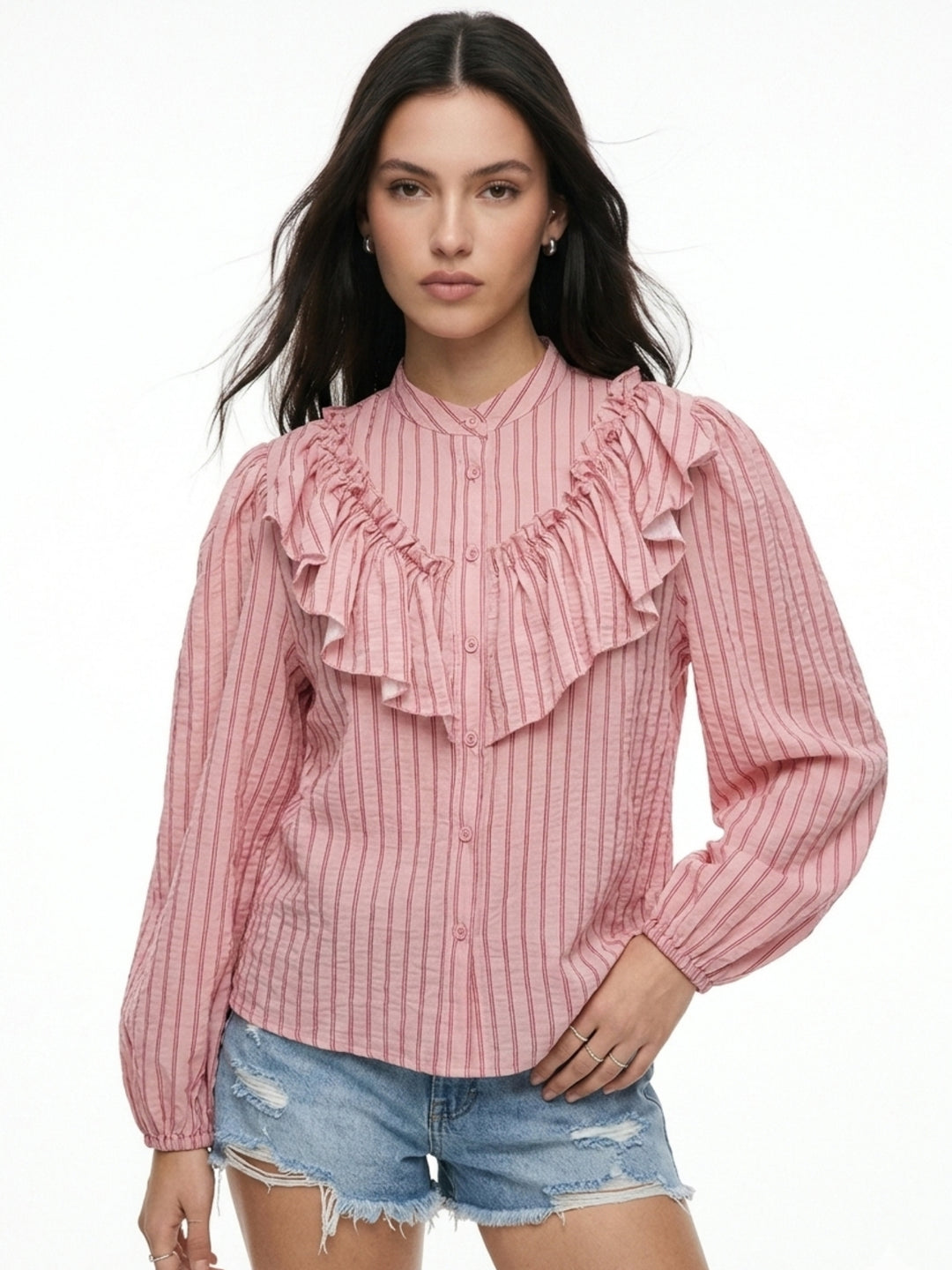 Pink Ruffle Detail Striped Shirt