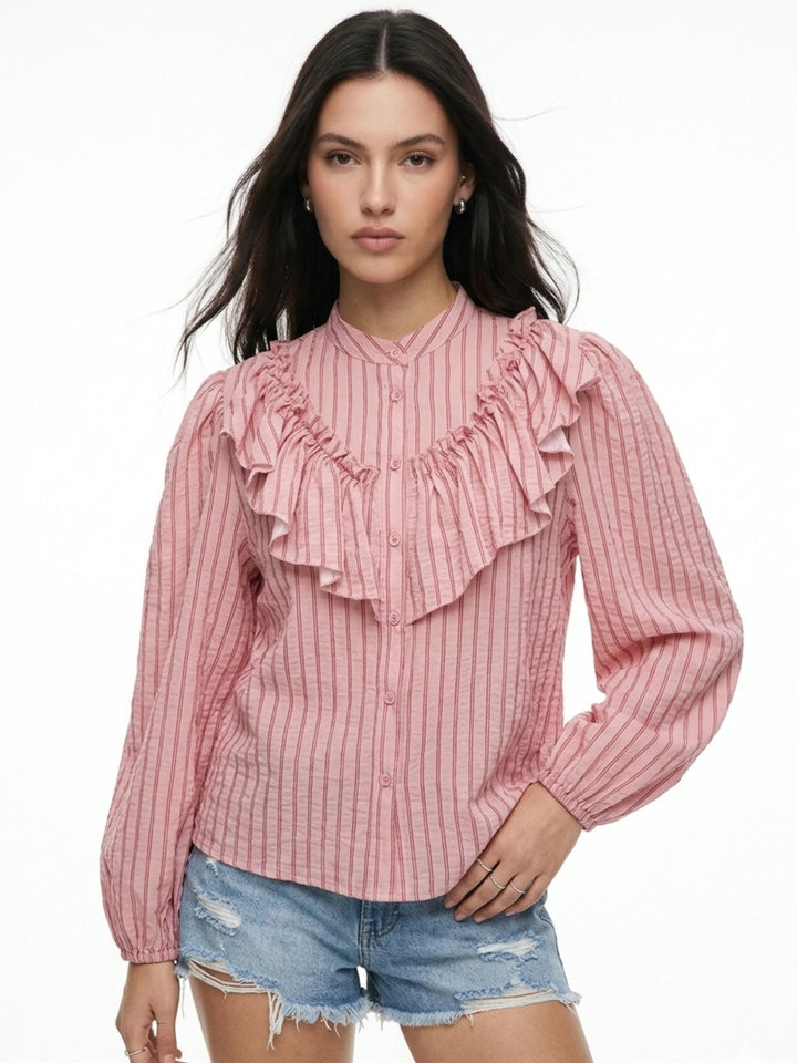 Pink Ruffle Detail Striped Shirt