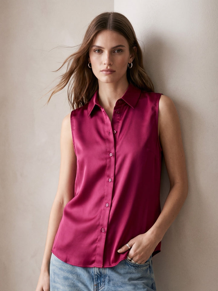 Wine Sleeveless Button Down Satin Shirt
