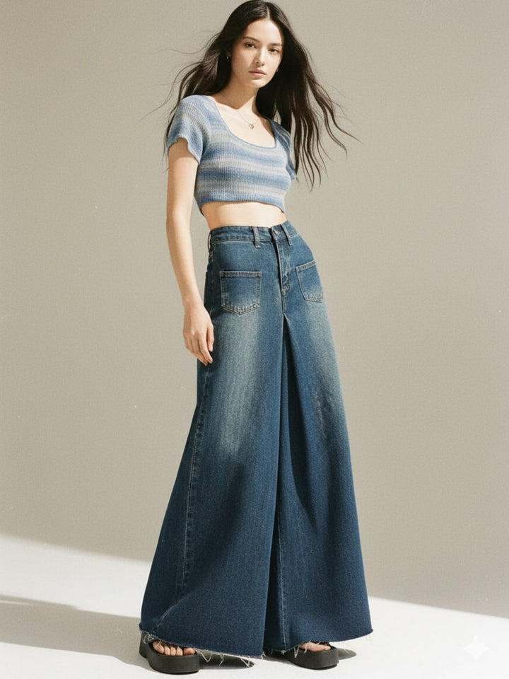 Blue Wide Leg Rought Hem Jeans