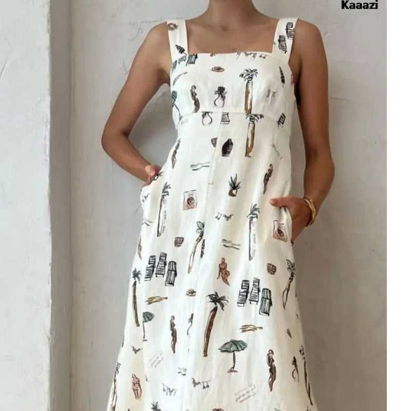 White Printed Square Neck Maxi
