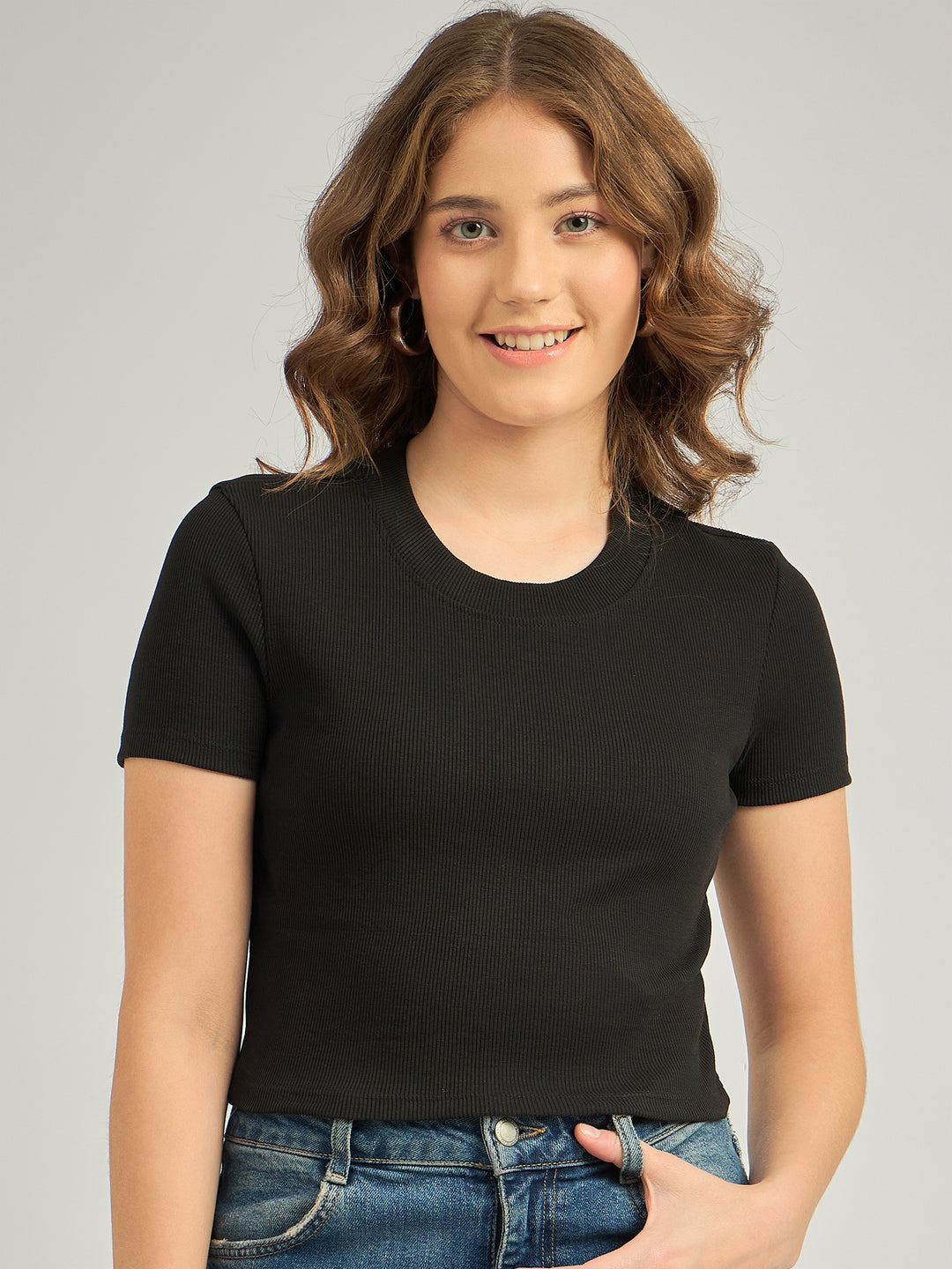 Black Basic Fitted Ribbed Top