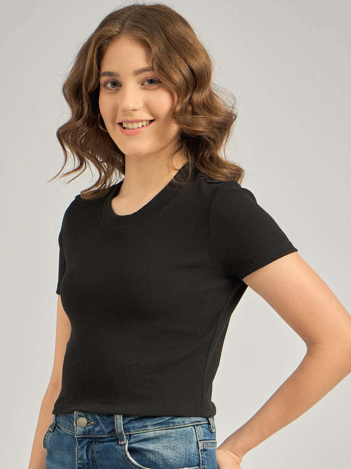 Black Basic Fitted Ribbed Top