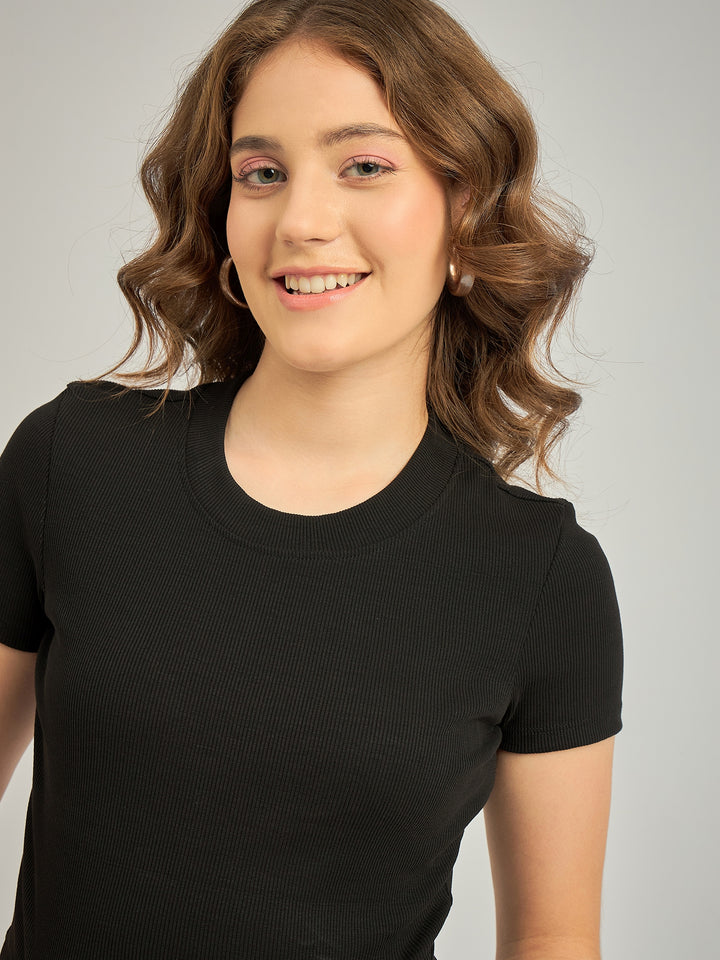 Black Basic Fitted Ribbed Top