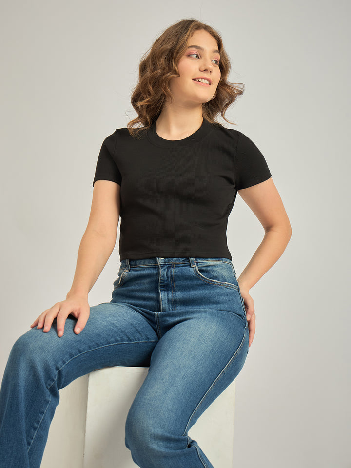 Black Basic Fitted Ribbed Top