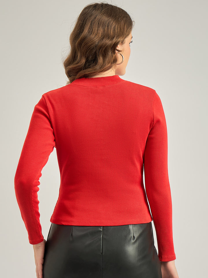 Red Basic Solid Fitted Ribbed Top